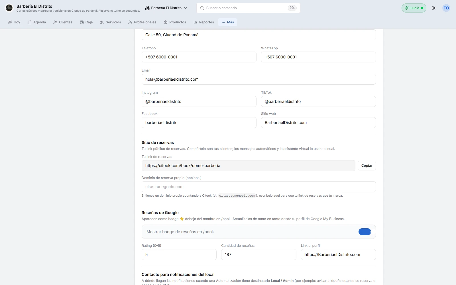 Pantalla de Citook con el enlace público de reservas del negocio, listo para copiar y compartir