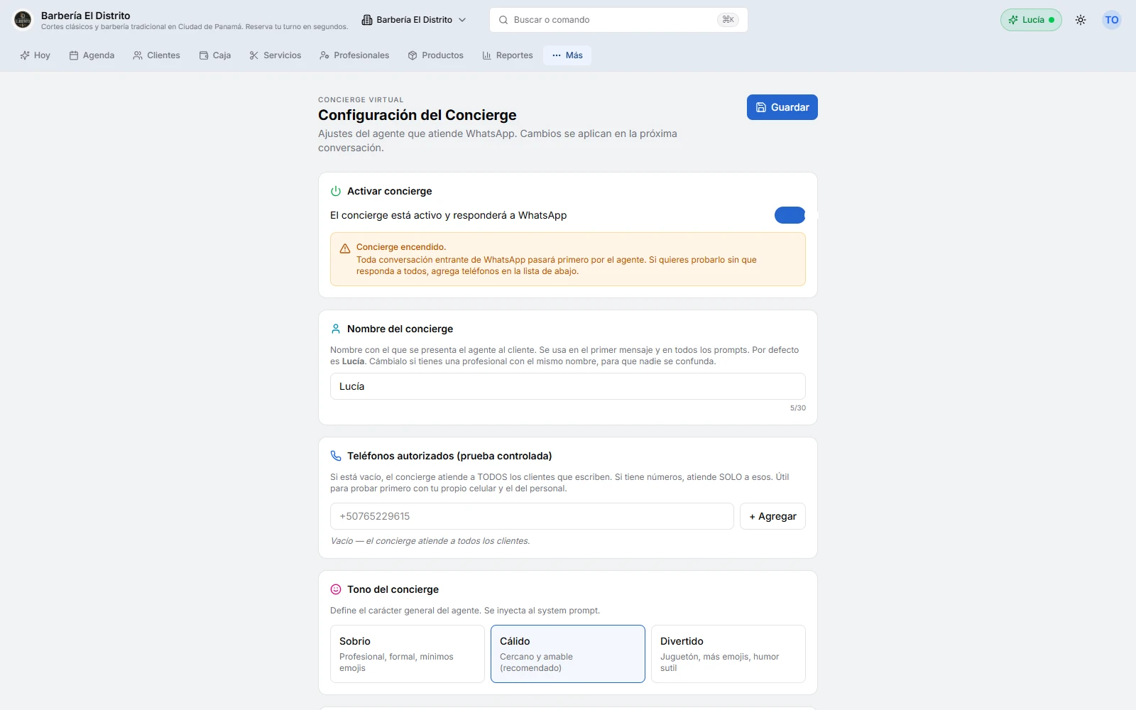 Configuración de la asistente virtual Lucía en Citook, con el interruptor para activarla y sus límites