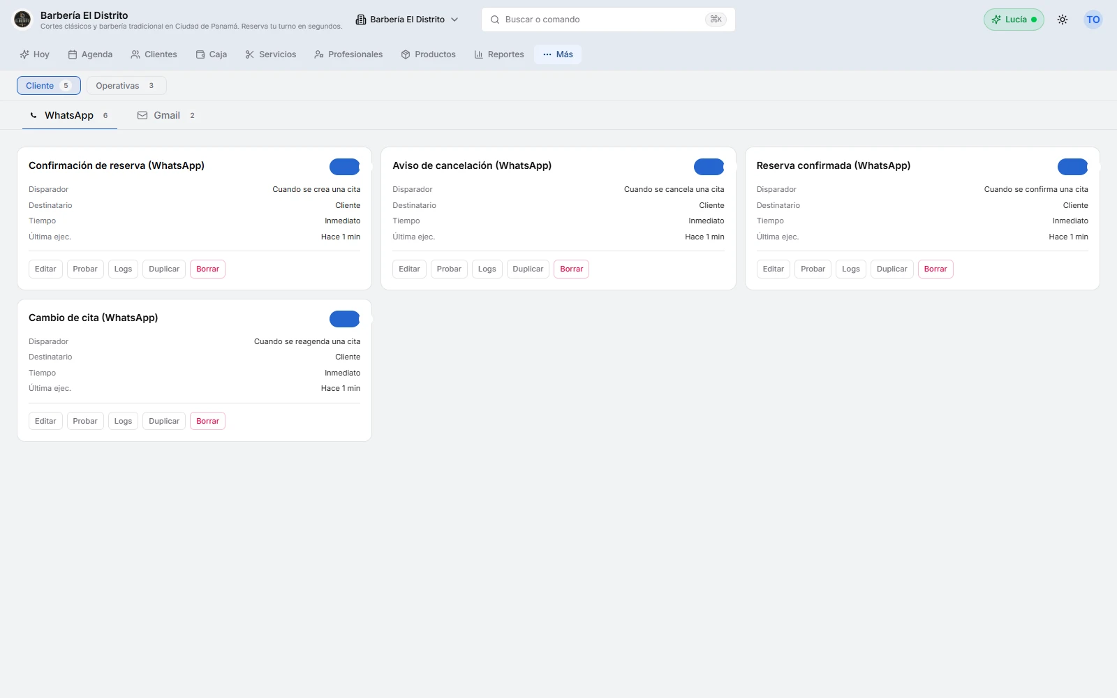 Pantalla de automatizaciones de Citook con los recordatorios y confirmaciones configurados
