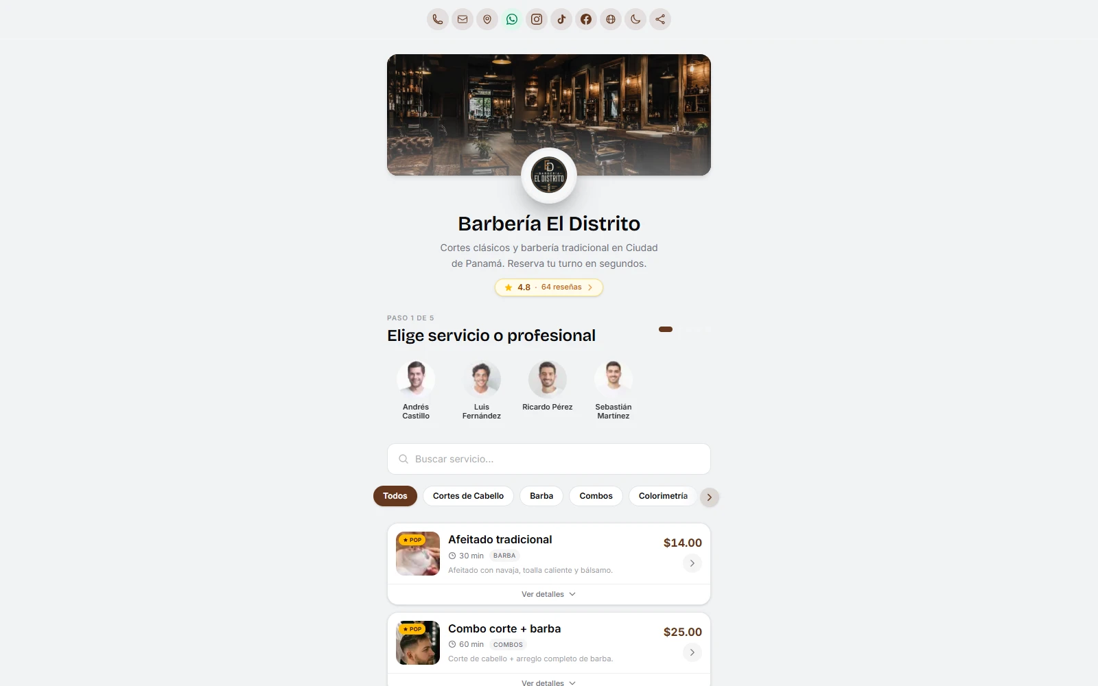 Portal de reservas público de un negocio, con su logo, servicios y precios
