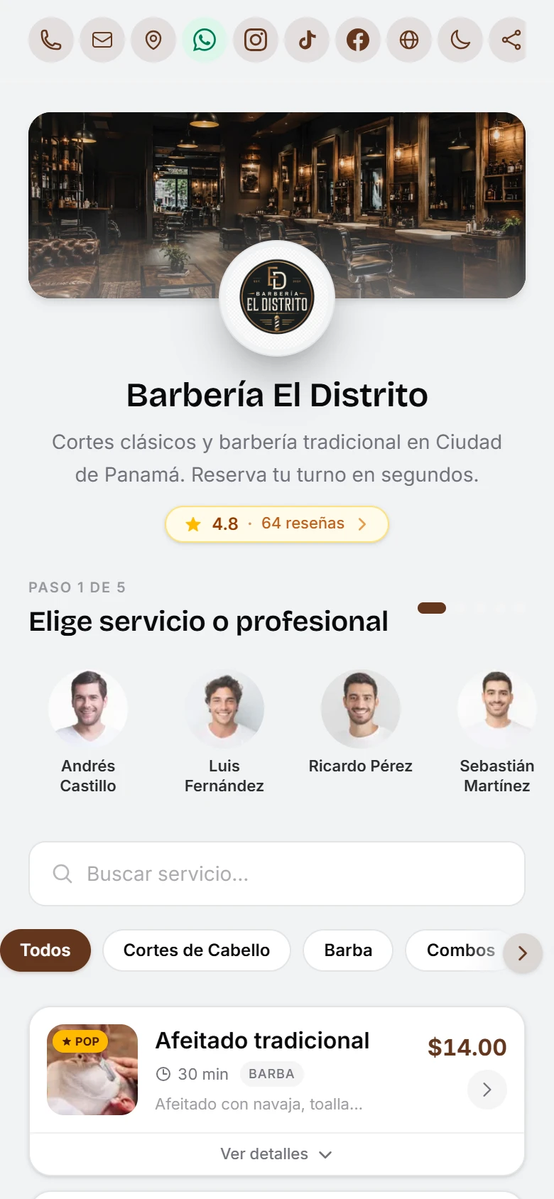 Portal de reservas de Citook en un teléfono, eligiendo servicio