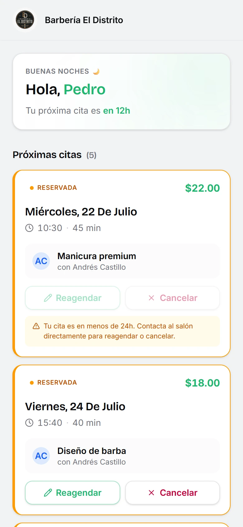 Portal del cliente de Citook en un teléfono, con la próxima cita y los botones para confirmar, reagendar o cancelar