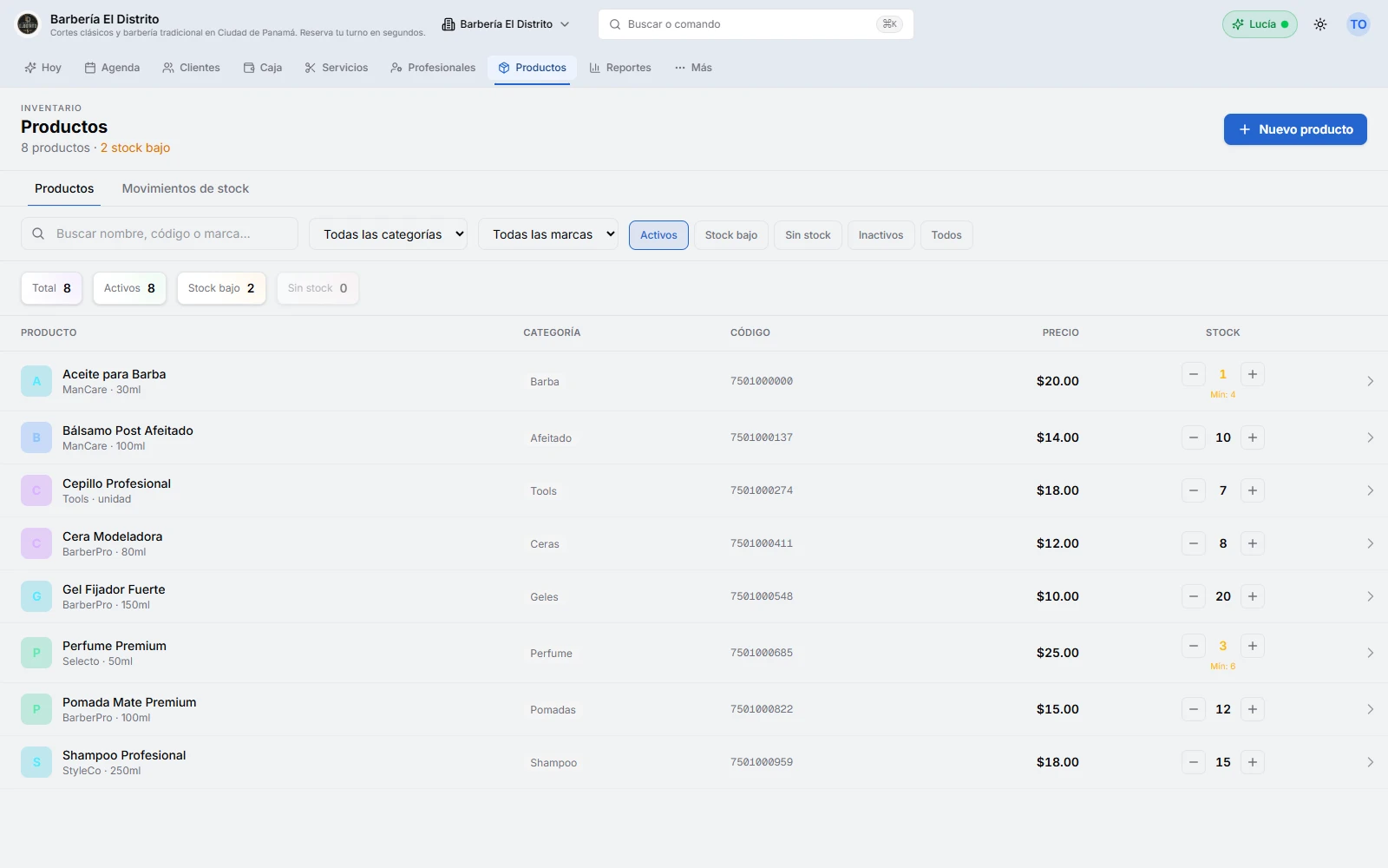 Inventario de productos en Citook, con precio, stock y aviso de stock bajo