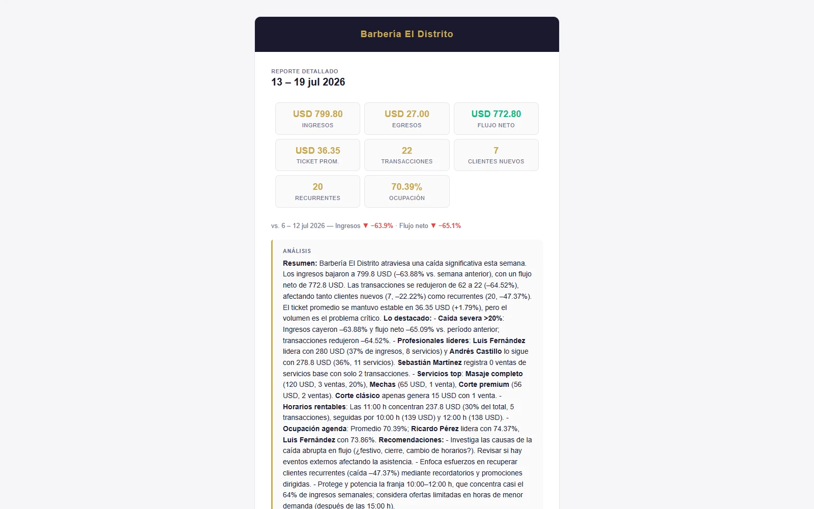 Correo de un reporte programado de Citook, con los números del período y un resumen escrito