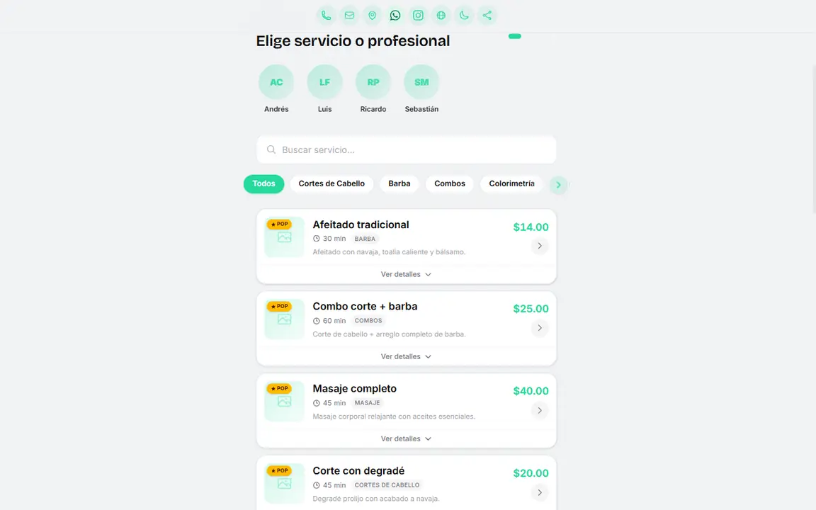 Portal público de reservas con la marca del negocio