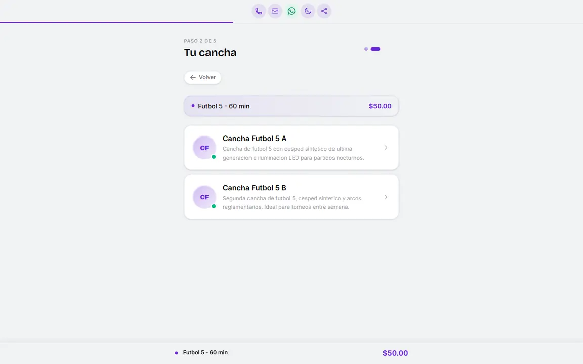 Selección de cancha y horario en el portal de reservas