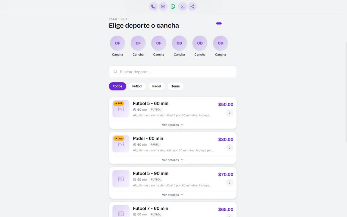 Portal de reservas de canchas: deportes, canchas y precios