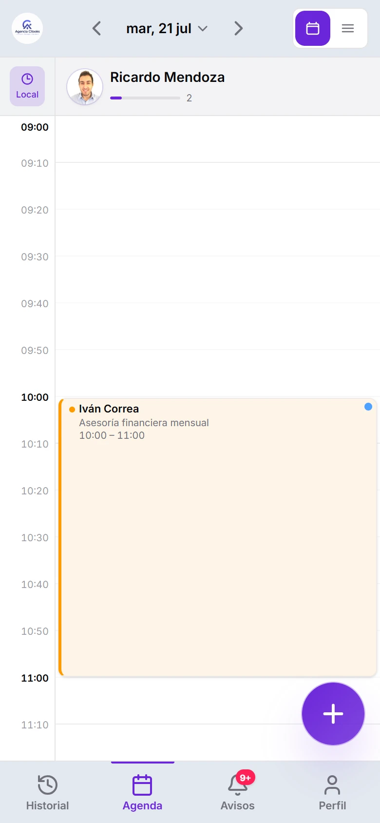 La agenda de un asesor en su teléfono: solo sus propias reuniones del día